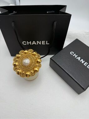 CHANEL Vintage Gold Medallion Brooch with box